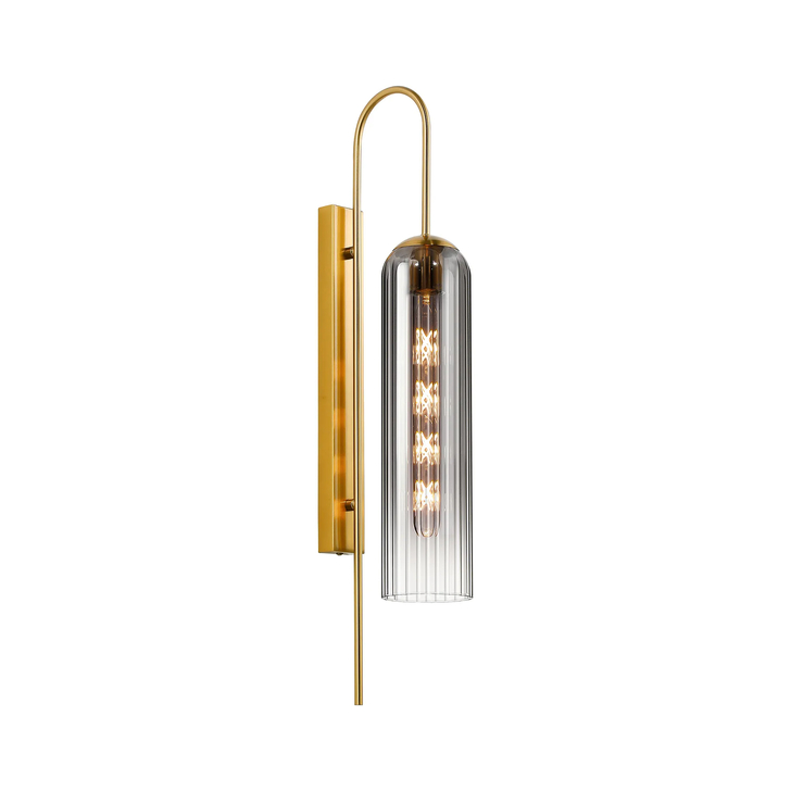 Idolite Var Gold Long Linear Wall Light Complete With A Smoke Fade Cylindrical Ribbed Glass