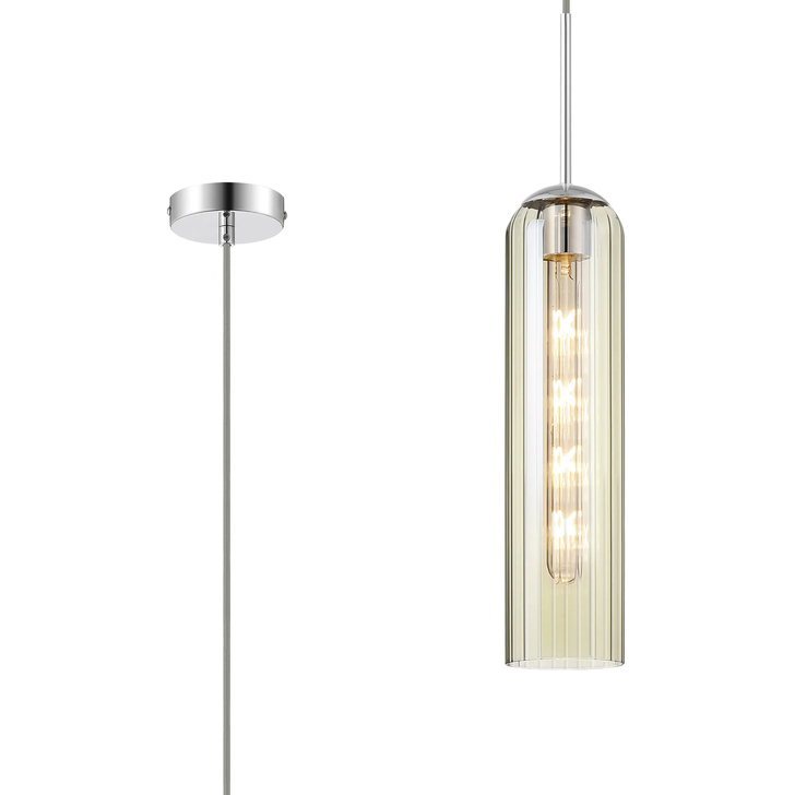 Idolite Var Polished Nickel Linear Single Pendant Light Complete With A Cognac Cylindrical Ribbed Glass