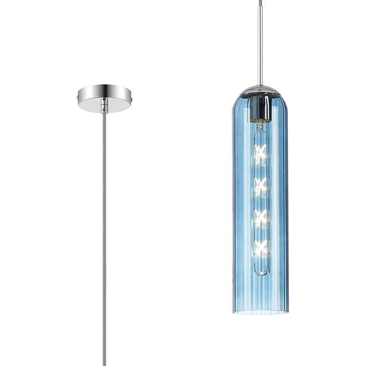 Idolite Var Polished Nickel Long Linear Single Pendant Light Complete With A Blue Cylindrical Ribbed Glass