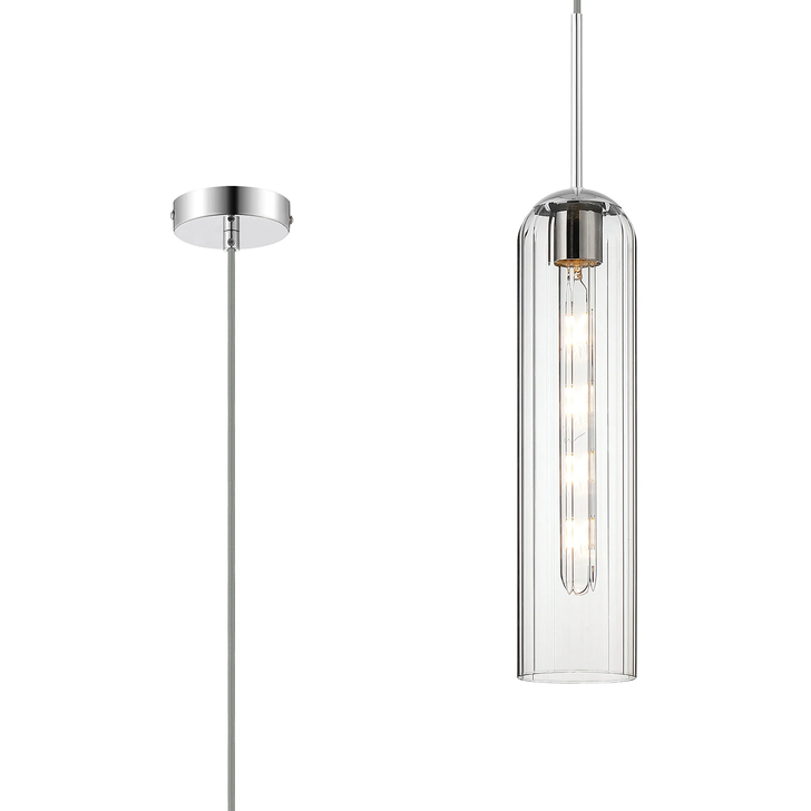 Idolite Var Polished Nickel Long Linear Single Pendant Light Complete With A Clear Cylindrical Ribbed Glass