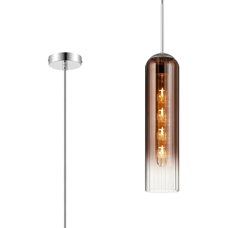 Idolite Var Polished Nickel Long Linear Single Pendant Light Complete With A Copper Fade Cylindrical Ribbed Glass