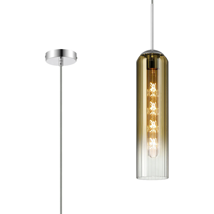 Idolite Var Polished Nickel Long Linear Single Pendant Light Complete With A Gold Fade Cylindrical Ribbed Glass