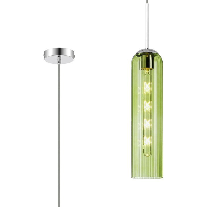 Idolite Var Polished Nickel Long Linear Single Pendant Light Complete With A Green Cylindrical Ribbed Glass