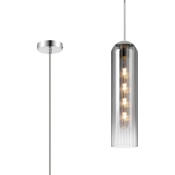 Idolite Var Polished Nickel Long Linear Single Pendant Light Complete With A Smoke Fade Cylindrical Ribbed Glass