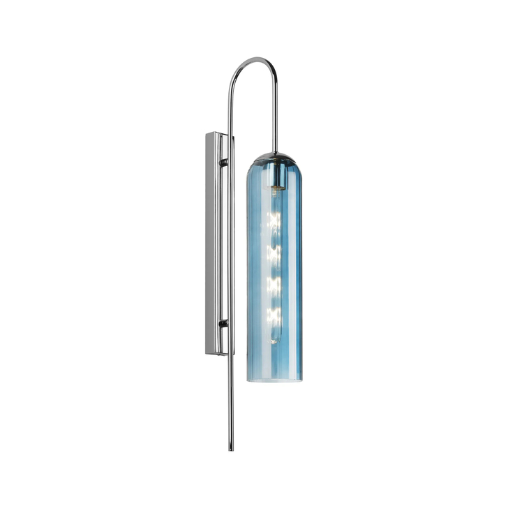 Idolite Var Polished Nickel Long Linear Wall Light Complete With A Blue Cylindrical Ribbed Glass