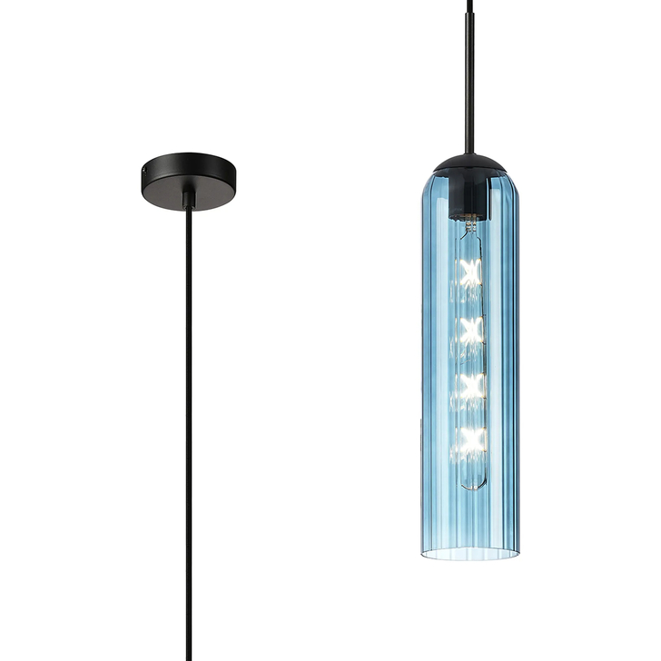 Idolite Var Satin Black Long Linear Single Pendant Light Complete With A Blue Cylindrical Ribbed Glass