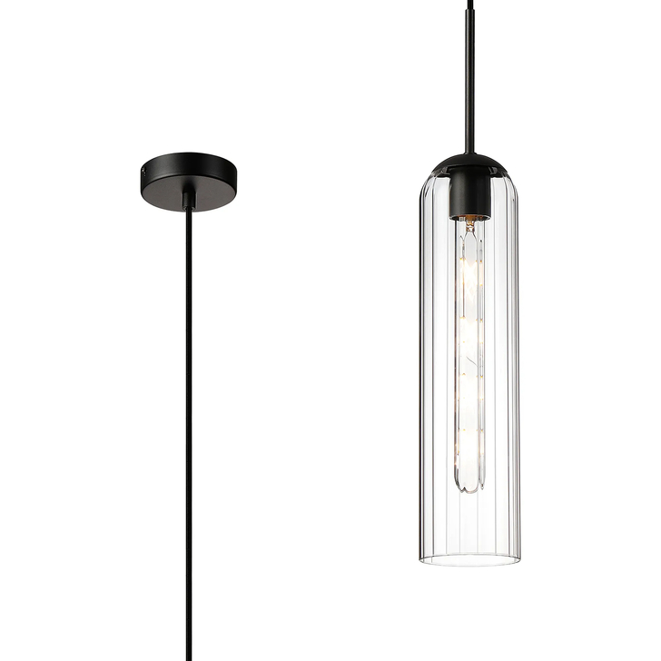 Idolite Var Satin Black Long Linear Single Pendant Light Complete With A Clear Cylindrical Ribbed Glass