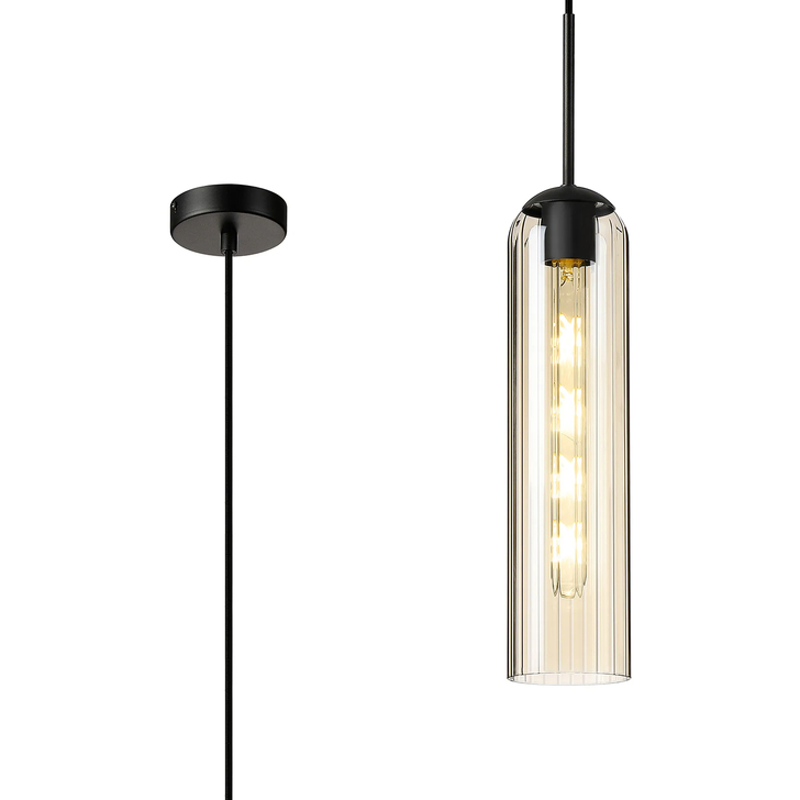 Idolite Var Satin Black Long Linear Single Pendant Light Complete With A Cognac Cylindrical Ribbed Glass