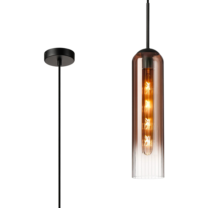 Idolite Var Satin Black Long Linear Single Pendant Light Complete With A Copper Fade Cylindrical Ribbed Glass