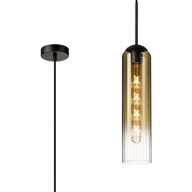 Idolite Var Satin Black Long Linear Single Pendant Light Complete With A Gold Fade Cylindrical Ribbed Glass