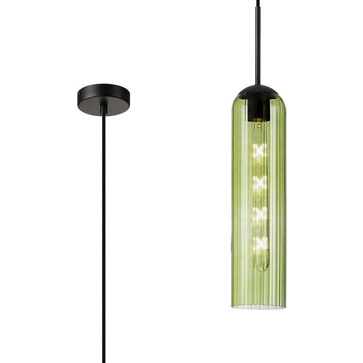 Idolite Var Satin Black Long Linear Single Pendant Light Complete With A Green Cylindrical Ribbed Glass