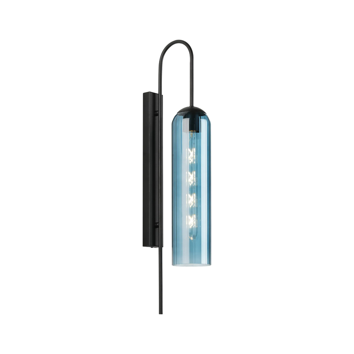 Idolite Var Satin Black Long Linear Wall Light Complete With A Blue Cylindrical Ribbed Glass