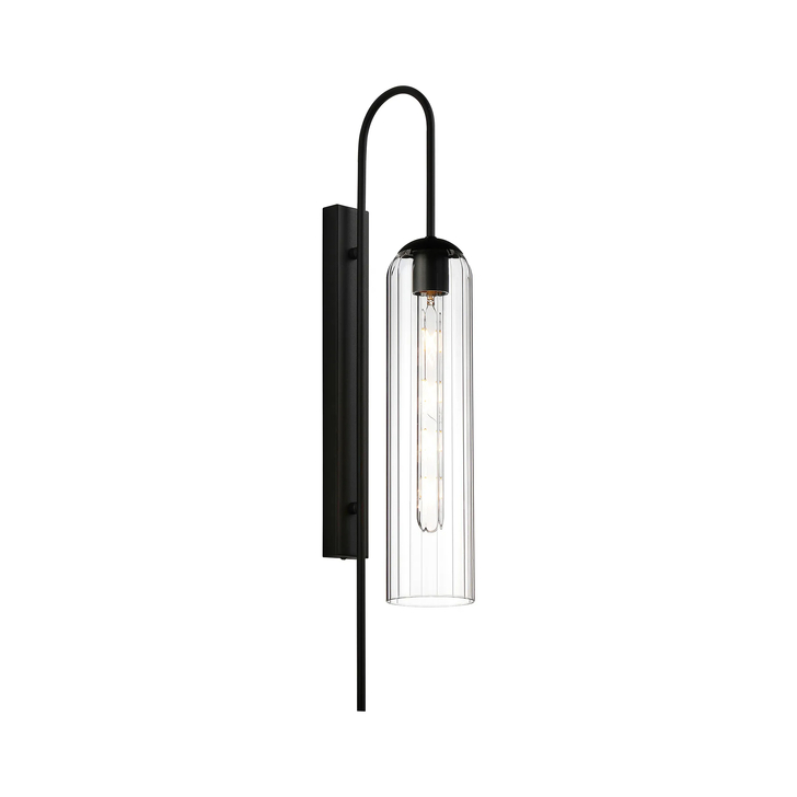 Idolite Var Satin Black Long Linear Wall Light Complete With A Clear Cylindrical Ribbed Glass