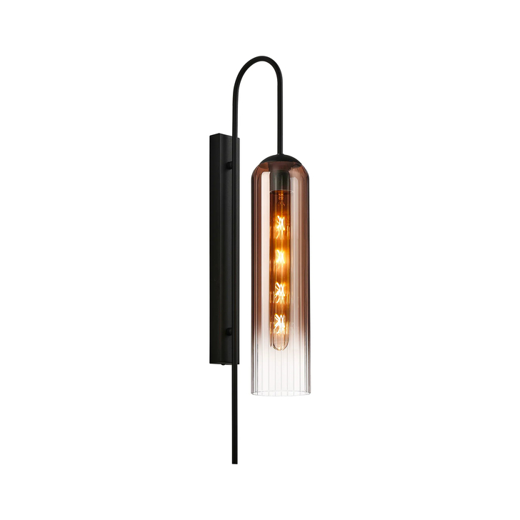 Idolite Var Satin Black Long Linear Wall Light Complete With A Copper Fade Cylindrical Ribbed Glass