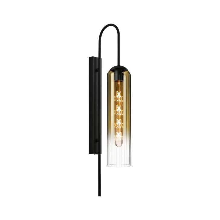 Idolite Var Satin Black Long Linear Wall Light Complete With A Gold Fade Cylindrical Ribbed Glass