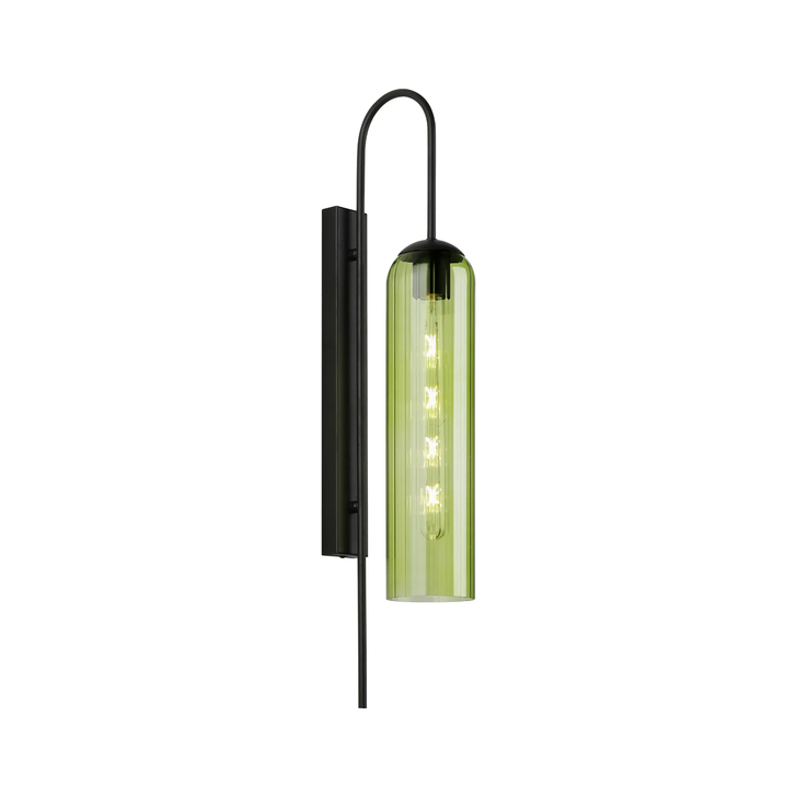 Idolite Var Satin Black Long Linear Wall Light Complete With A Green Cylindrical Ribbed Glass