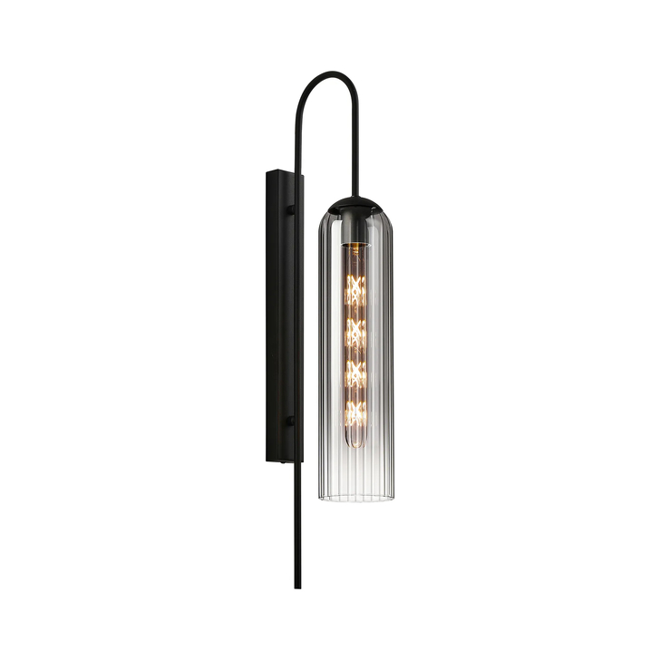 Idolite Var Satin Black Long Linear Wall Light Complete With A Smoke Fade Cylindrical Ribbed Glass