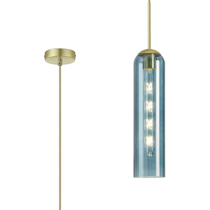 Idolite Var Satin Gold Long Linear Single Pendant Light Complete With A Blue Cylindrical Ribbed Glass