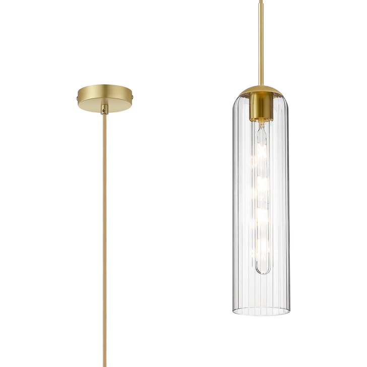 Idolite Var Satin Gold Long Linear Single Pendant Light Complete With A Clear Cylindrical Ribbed Glass