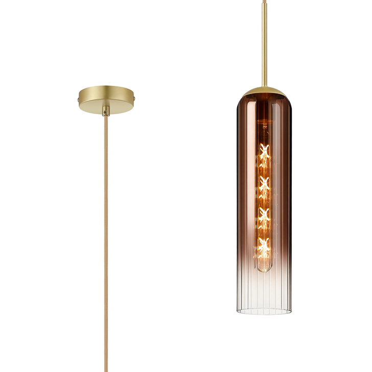 Idolite Var Satin Gold Long Linear Single Pendant Light Complete With A Copper Fade Cylindrical Ribbed Glass