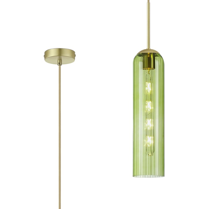 Idolite Var Satin Gold Long Linear Single Pendant Light Complete With A Green Cylindrical Ribbed Glass