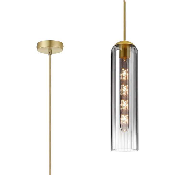 Idolite Var Satin Gold Long Linear Single Pendant Light Complete With A Smoke Fade Cylindrical Ribbed Glass