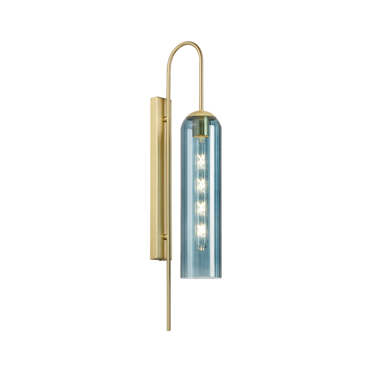 Idolite Var Satin Gold Long Linear Wall Light Complete With A Blue Cylindrical Ribbed Glass