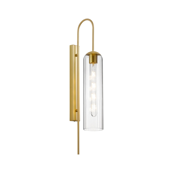 Idolite Var Satin Gold Long Linear Wall Light Complete With A Clear Cylindrical Ribbed Glass