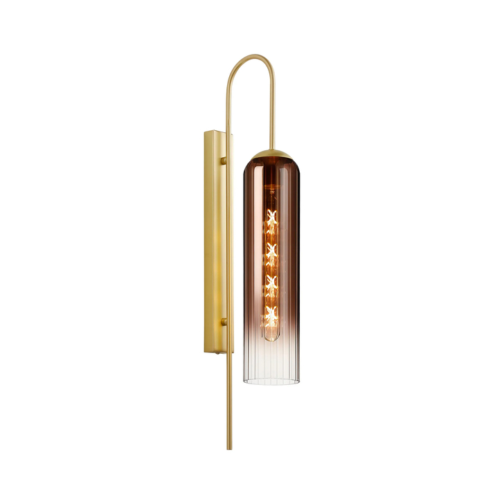 Idolite Var Satin Gold Long Linear Wall Light Complete With A Copper Fade Cylindrical Ribbed Glass