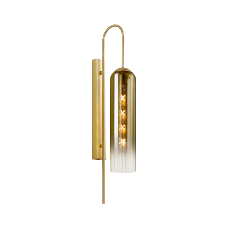 Idolite Var Satin Gold Long Linear Wall Light Complete With A Gold Fade Cylindrical Ribbed Glass