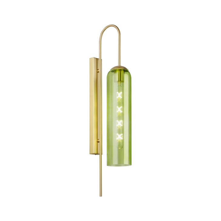 Idolite Var Satin Gold Long Linear Wall Light Complete With A Green Cylindrical Ribbed Glass