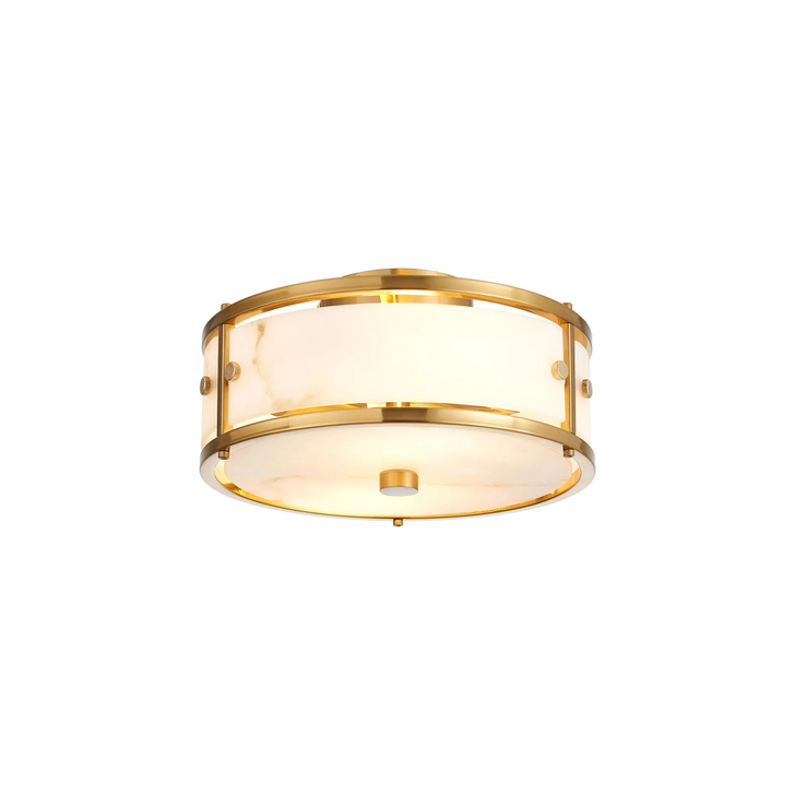 Idolite Vault 25cm 2 Light Round Flush Bathroom Ceiling Light Brass/Grey Faux Alabaster (B) Glass - IP44