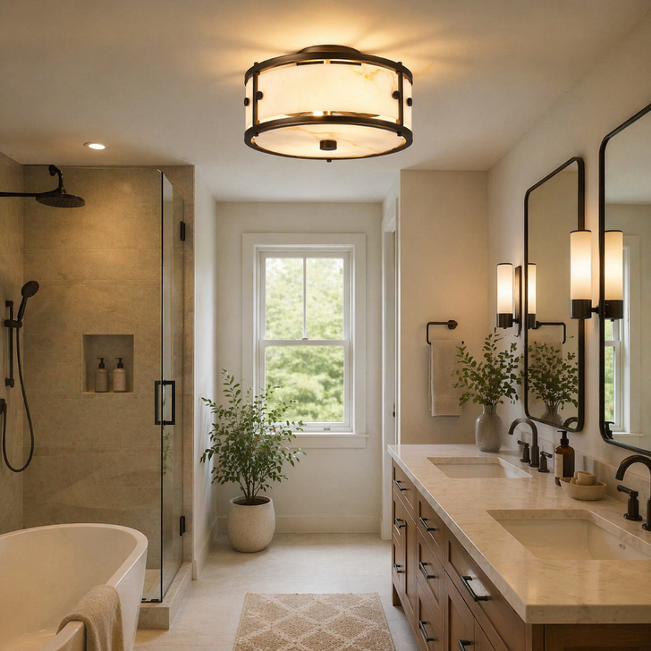 Idolite Vault 25cm 2 Light Round Flush Bathroom Ceiling Light Painted Bronze/Brown Faux Alabaster (B) Glass - IP44