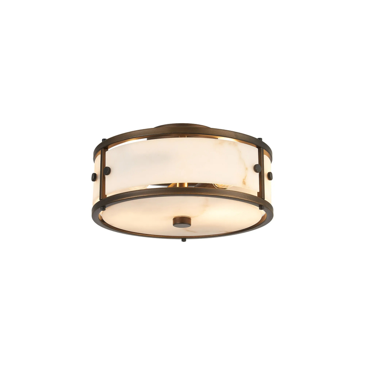 Idolite Vault 25cm 2 Light Round Flush Bathroom Ceiling Light Painted Bronze/Grey Faux Alabaster (B) Glass - IP44