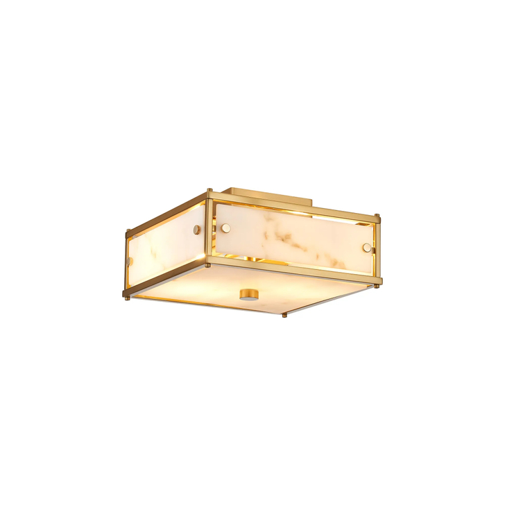 Idolite Vault 25x25cm 2 Light Square Flush Bathroom Ceiling Light Brass/Grey Faux Alabaster (B) Glass - IP44