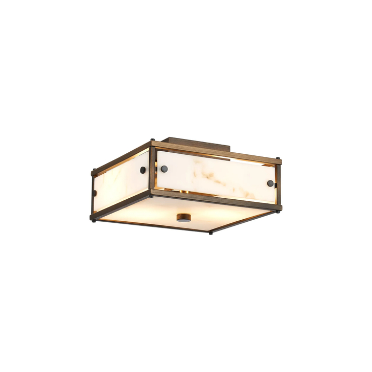 Idolite Vault 25x25cm 2 Light Square Flush Bathroom Ceiling Light Painted Bronze/Grey Faux Alabaster (B) Glass - IP44