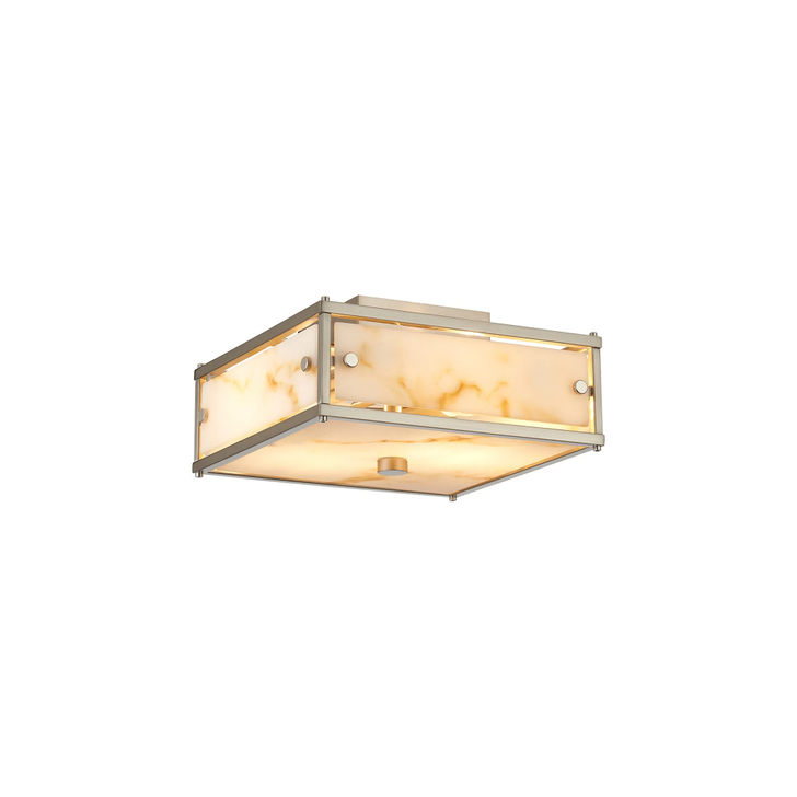Idolite Vault 25x25cm 2 Light Square Flush Bathroom Ceiling Light Satin Nickel/Brown Faux Alabaster (B) Glass - IP44