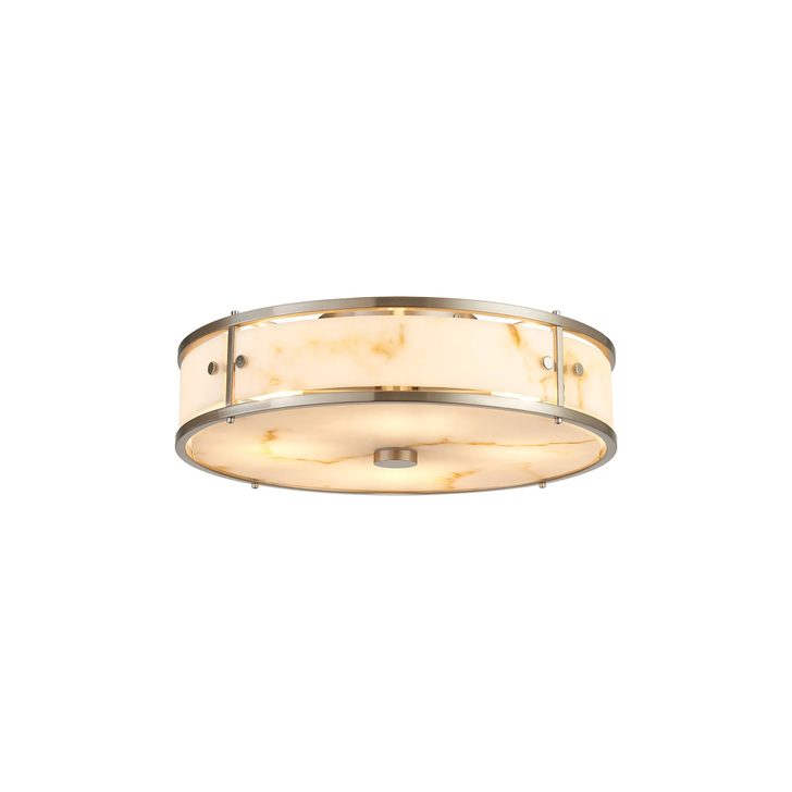 Idolite Vault 40cm 4 Light Round Flush Bathroom Ceiling Light Satin Nickel/Brown Faux Alabaster (B) Glass - IP44