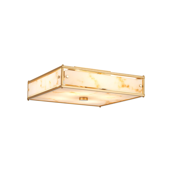 Idolite Vault 40x40cm 4 Light Square Flush Bathroom Ceiling Light Brass/Brown Faux Alabaster (B) Glass - IP44