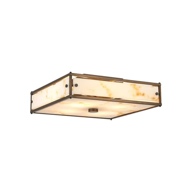Idolite Vault 40x40cm 4 Light Square Flush Bathroom Ceiling Light Painted Bronze/Brown Faux Alabaster (B) Glass - IP44