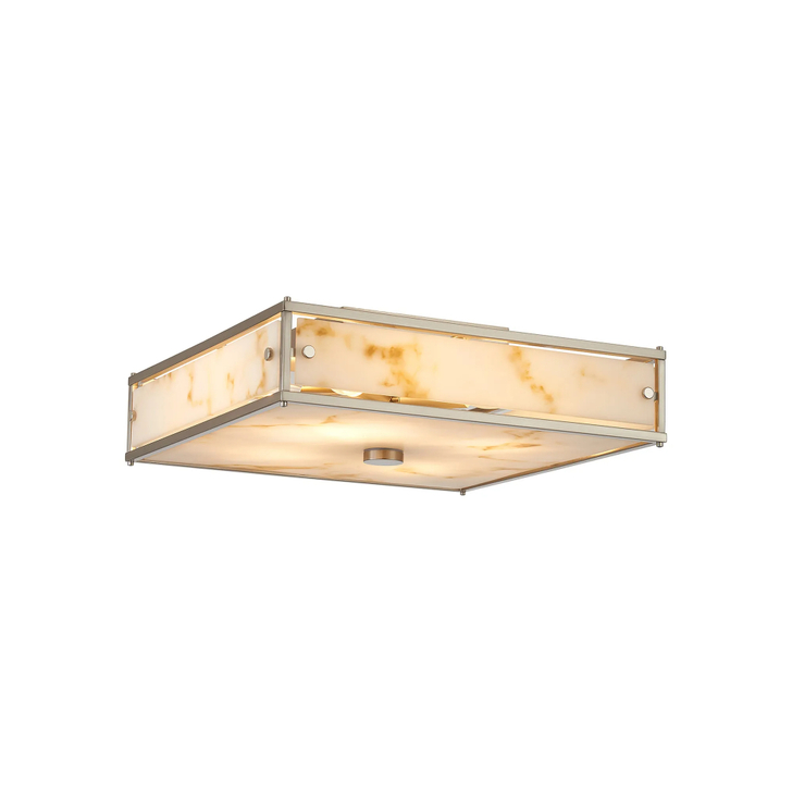 Idolite Vault 40x40cm 4 Light Square Flush Bathroom Ceiling Light Satin Nickel/Brown Faux Alabaster (B) Glass - IP44