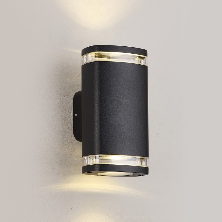 Idolite Vela 2 Light Matt Black Exterior Up And Down Wall Light Complete With Clear Lens - IP54