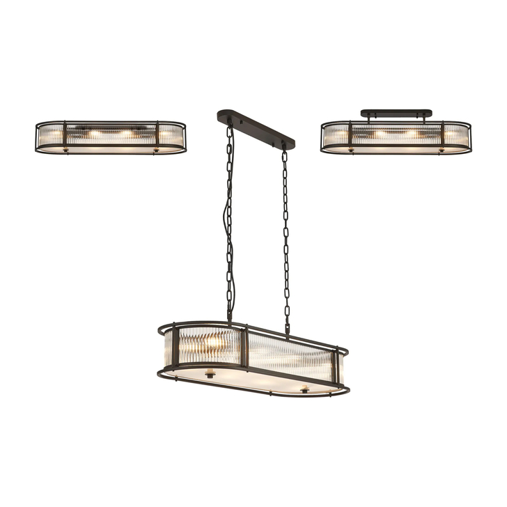 Idolite Waine 1m 8 Light Linear Oval Bar Flush Ceiling/Pendant Convertible Black/Clear Glass