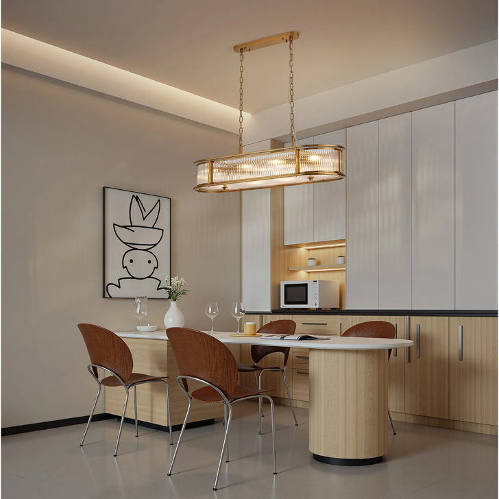 Idolite Waine 1m 8 Light Linear Oval Bar Flush Ceiling/Pendant Convertible Brass/Clear Glass