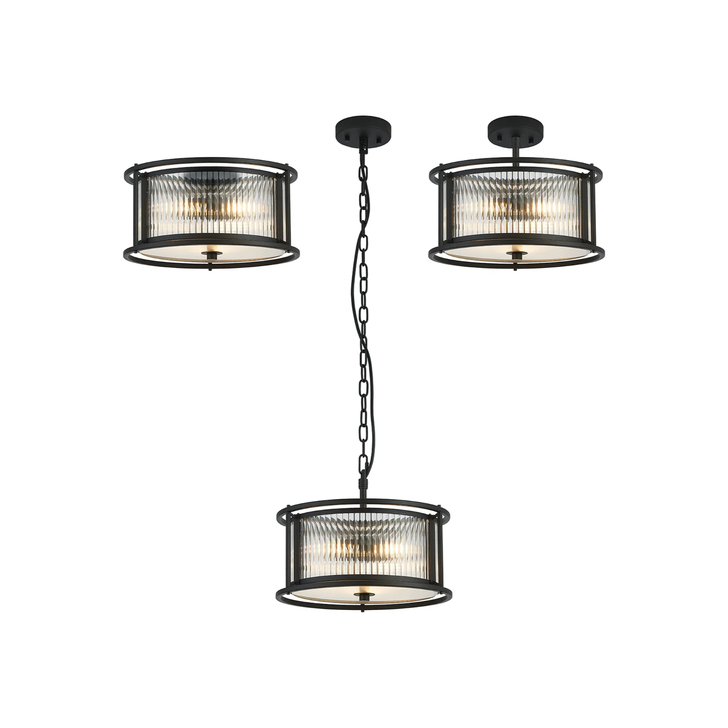Idolite Waine 35cm 3 Light Round Flush Ceiling/Pendant Convertible Black/Clear Glass