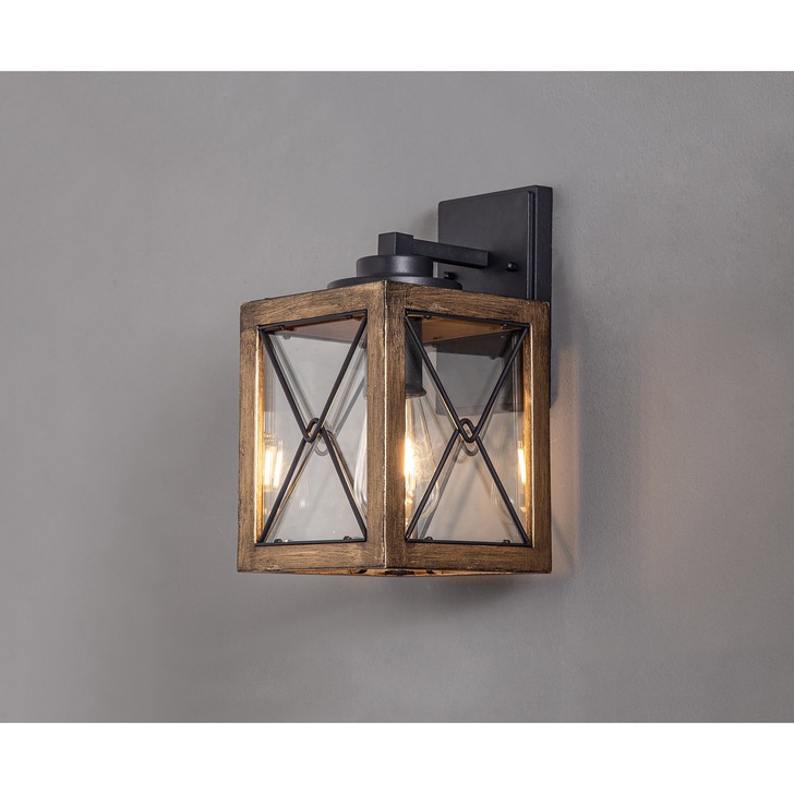 Idolite Whelan Wood Effect And Black Small Square Lantern Lamp With Clear Glasses