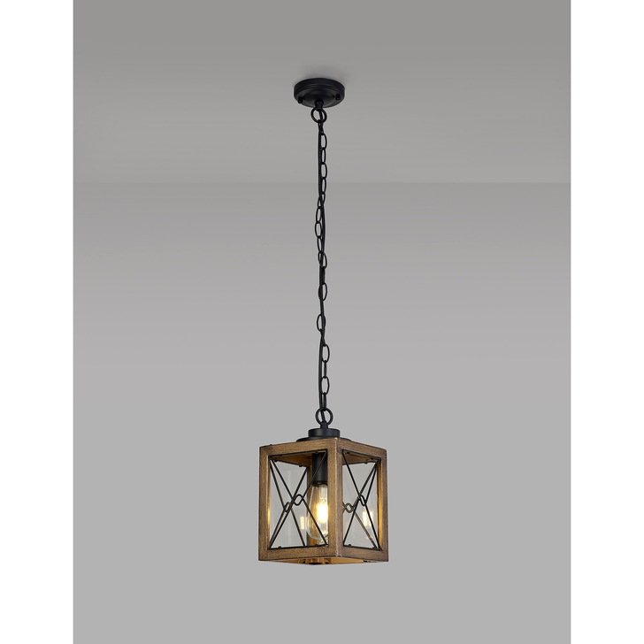 Idolite Whelan Wood Effect And Black Square Lantern Pendant Light With Clear Glasses