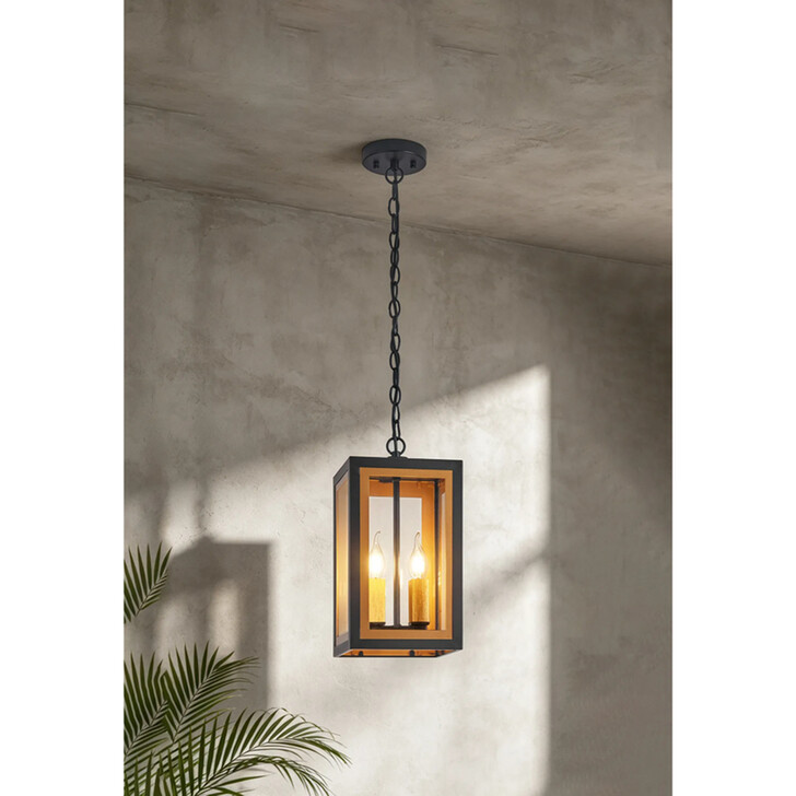 Idolite Wilmslow Satin Black And Gold 2 Light Small Rectangular Pendant Light With Clear Glass Lens - IP54