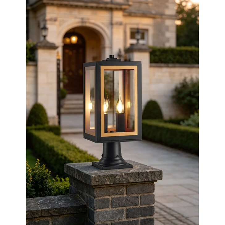 Idolite Wilmslow Satin Black And Gold 2 Light Small Rectangular Post Lamp With Clear Glass Lens - IP54