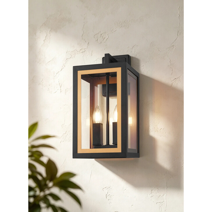 Idolite Wilmslow Satin Black And Gold 2 Light Small Rectangular Wall Light With Clear Glass Lens - IP54